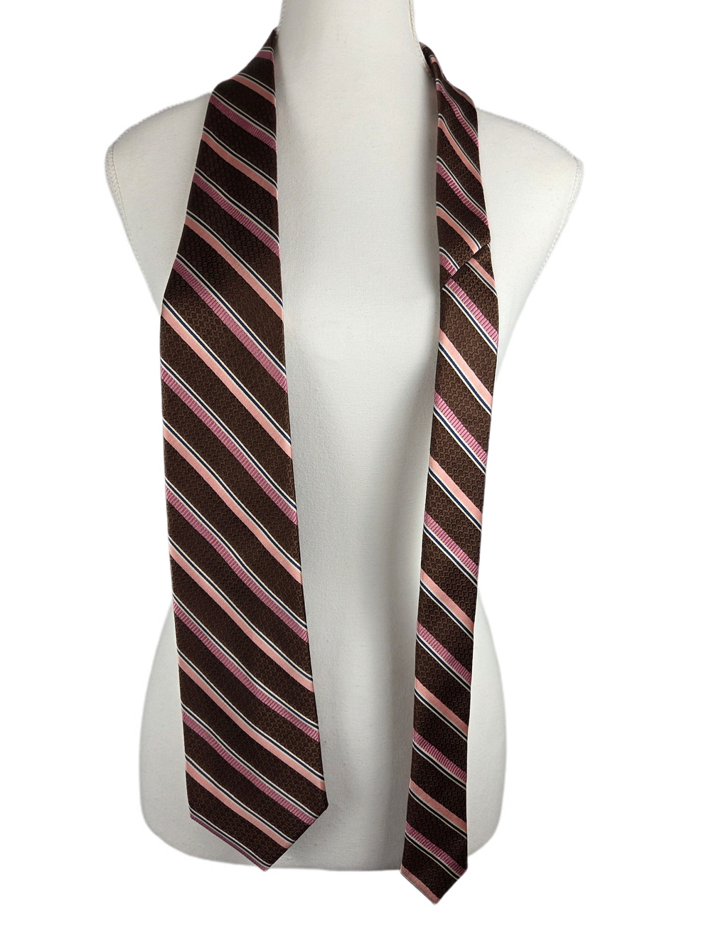 Harry Rosen Canada Men's 100% Silk Striped Tie - Brown, Rose Pink & White